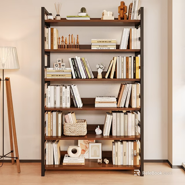 Modern Wooden Bookcase With Multiple Shelves Filled With Books And Decorative Items 3d model 