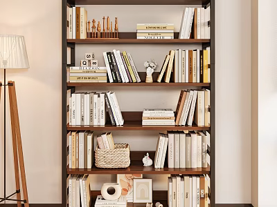 Modern Wooden Bookcase With Multiple Shelves Filled With Books And Decorative Items 3d model