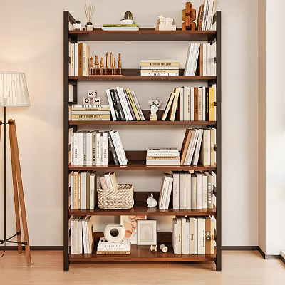 Modern Wooden Bookcase With Multiple Shelves Filled With Books And Decorative Items 3d model