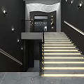 Modern Exhibition Hall Interior With Golden Decor Black Wall Gray Sofa And Modern Lighting