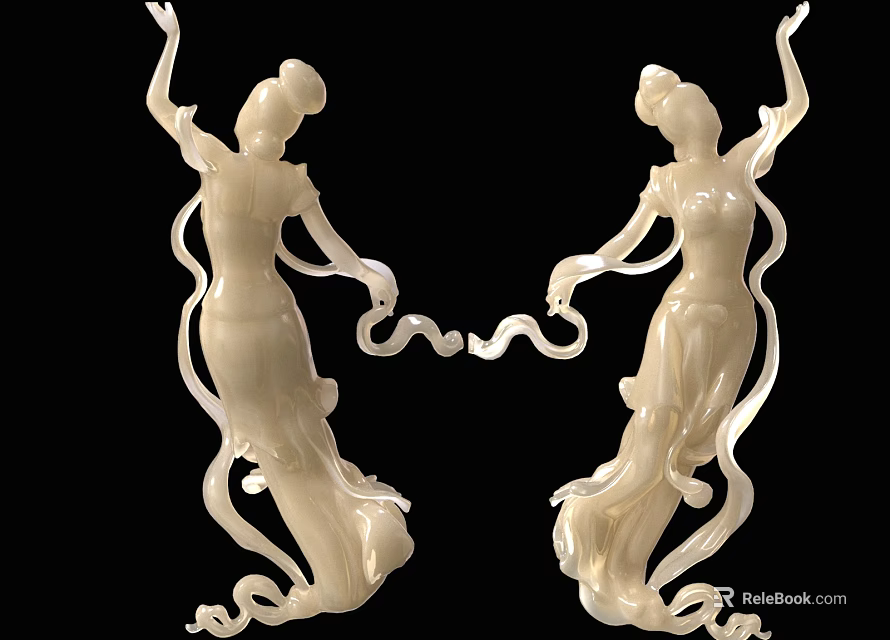 Elegant Classical Female Figurine Set With Flowing Ribbons And White Jade Finish 3d model 