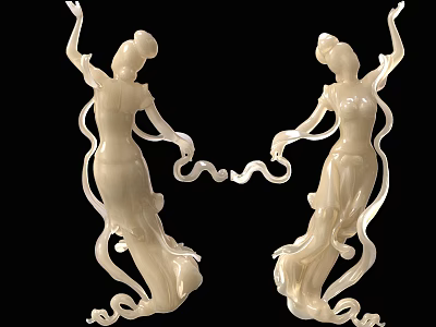 Elegant Classical Female Figurine Set With Flowing Ribbons And White Jade Finish 3d model