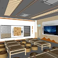 School Activity Room With Wooden Decor TV Bookshelves Tables And Stools For Learning Activities