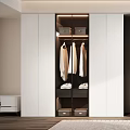 Modern Wardrobe Interior With White And Dark Cabinetry Hanging Clothes Shelves Wooden Floor And Rug