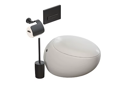 Modern White Toilet With Black Toilet Paper Holder Toilet Brush and Panel 3d model