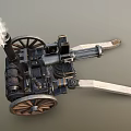 Vintage Multi Barrel Military Weapon Cannon With Wooden Wheels And Smoking Metal Barrels