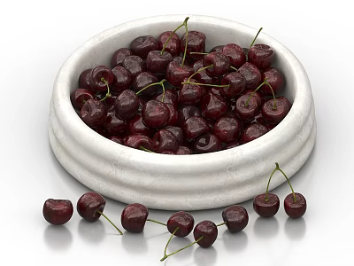 Fresh Ripe Dark Red Cherries in White Bowl with Scattered Ones Around 3d model
