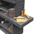 Rustic Stone Brick Fireplace Featuring Chimney Structure Grill And Lower Tool Shelf 3d model