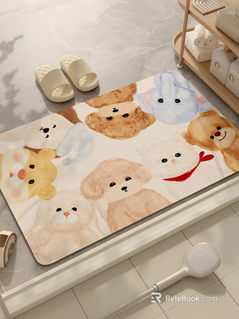 Cute Bathroom Rug With Cartoon Animal Faces And Soft Color Design 3d model 