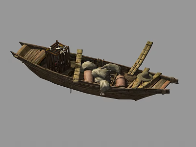 Traditional Wooden Boat Interior Featuring Wooden Structure Barrels Ladders And Cargo 3d model