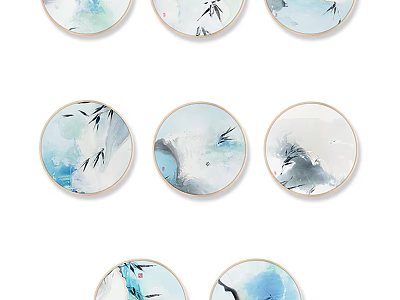 Chinese Ink Style Round Frame Paintings With Blue Tones Mountain Water Flying Birds And Bamboo 3d model