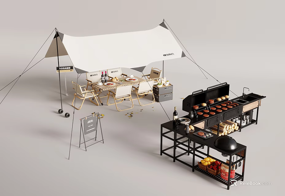 Outdoor Camping Dining Table Set With Tent Chairs And Grill Setup 3d model