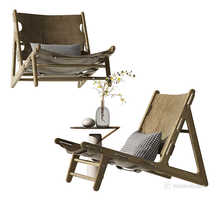 Modern Wooden Frame Lounge Chair with Checkered Cushion Side Table Vase and Plant 3d model 