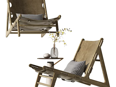 Modern Wooden Frame Lounge Chair with Checkered Cushion Side Table Vase and Plant 3d model