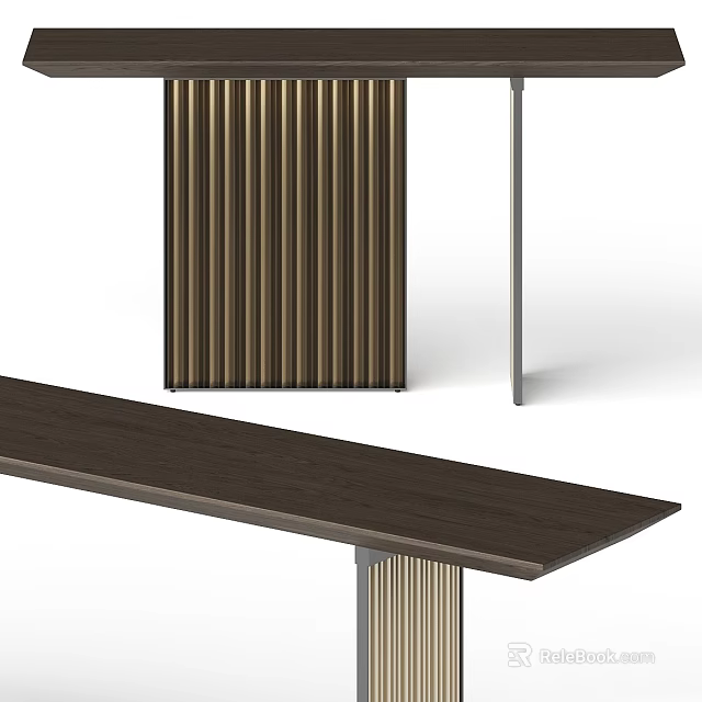 Modern Wooden Console Table Design With Vertical Striped Metal Panel And Slim Legs 3d model 