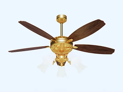 Golden Decorative Ceiling Fan With Wooden Blades And Built In Lights 3d model