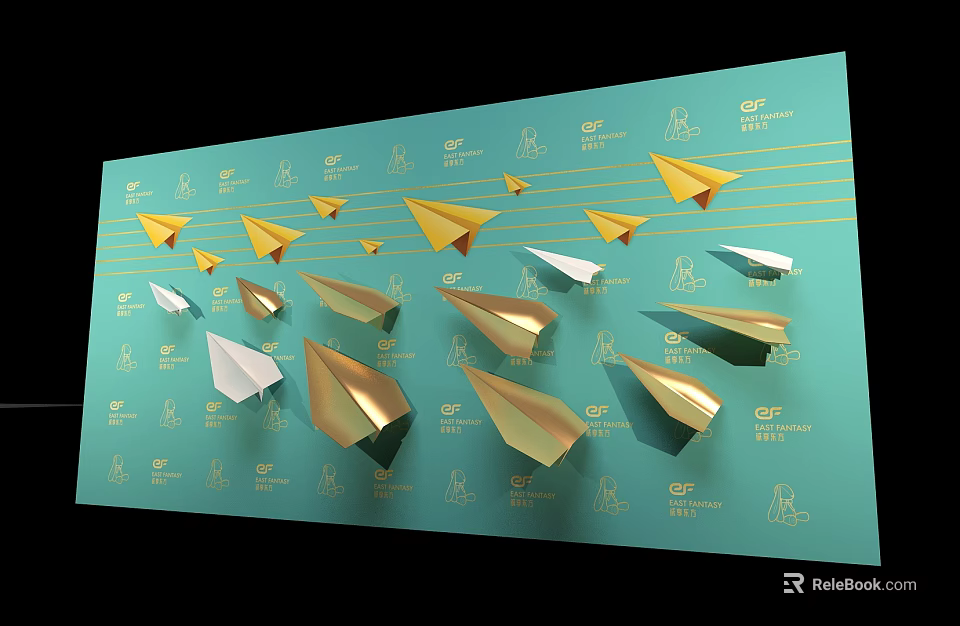 Teal Background Wall Decorated With Gold And White Paper Planes And Repeating Logo Patterns 3d model 