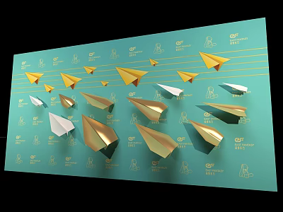 Teal Background Wall Decorated With Gold And White Paper Planes And Repeating Logo Patterns 3d model