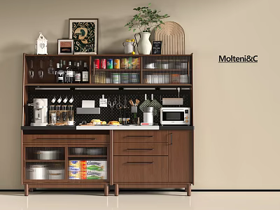 Wooden Sideboard with Storage Shelves Drawers Kitchen Items and Decorative Plant 3d model