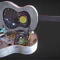 Cartoon Style Guitar Shaped Open Interior Scene with Ladder Table Chairs Decorative Pictures and Lights