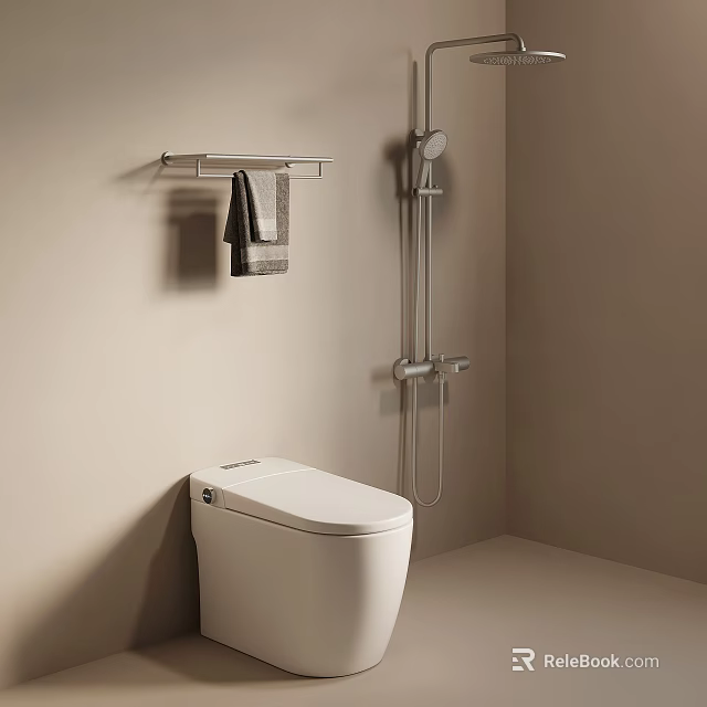 White Modern Toilet in Minimalist Bathroom with Shower Fixture Wall Towel Rack and Gray Towel 3d model 