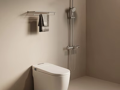 White Modern Toilet in Minimalist Bathroom with Shower Fixture Wall Towel Rack and Gray Towel 3d model