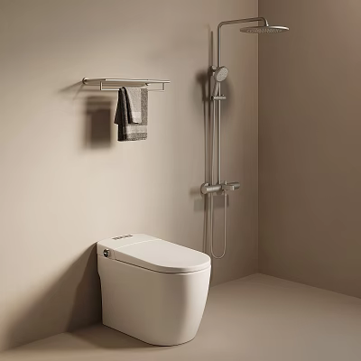 White Modern Toilet in Minimalist Bathroom with Shower Fixture Wall Towel Rack and Gray Towel 3d model