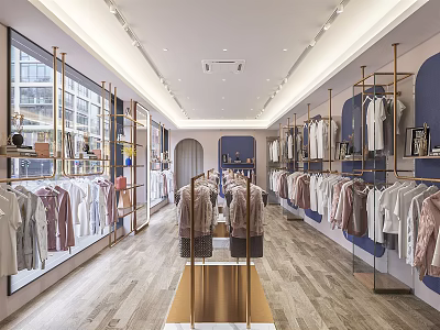 Modern Clothing Store Interior With Hanging Apparel Display Racks Central Table And Large Windows 3d model