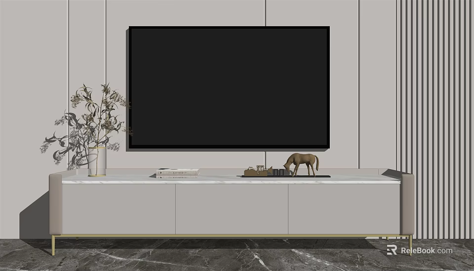 Modern TV Stand With Marble Top TV Vase And Decorative Ornaments In Living Room 3d model 