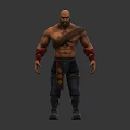Muscular Male Warrior Character Featuring Red Wristbands Decorative Belt And Gray Boots Front Side Views