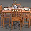 Wooden Dining Table Set With Four Chairs Tableware Vase And Decorations 3d model