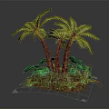 Lush Tropical Palm Trees With Green And Red Foliage On Mossy Ground Against Gray Background
