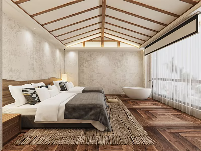 Hotel Room with King Bed Wooden Ceiling Bathtub and Floor to Ceiling Window 3d model