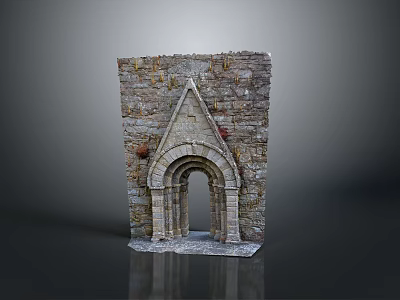 Scenic Ancient Stone Arch Structure With Triangular Top And Red Plants 3d model