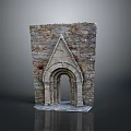 Scenic Ancient Stone Arch Structure With Triangular Top And Red Plants 3d model