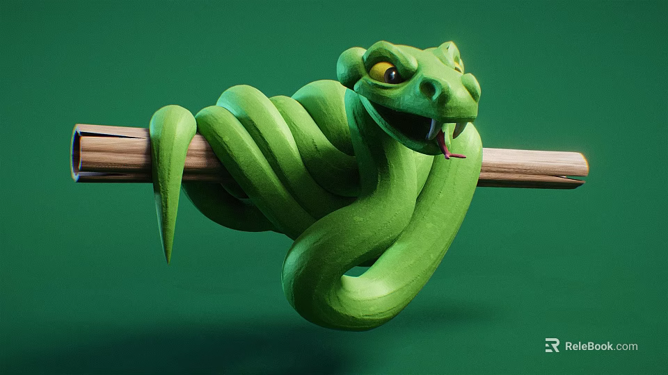 Green Reptile Snake Coiled On Wooden Stick With Yellow Eyes Sticking Tongue Out Green Background 3d model 