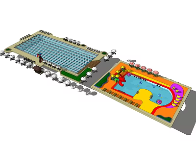 Swimming Pool Complex with Standard Pool Kids Pool Water Slides and Seating Areas 3d model
