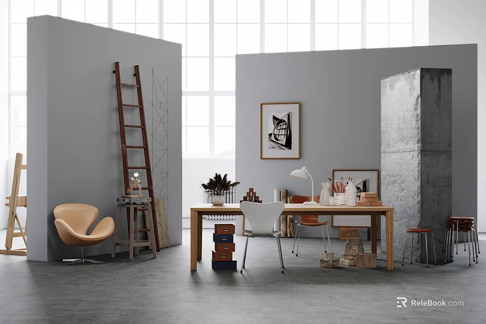 Modern Office Interior Design With Large Windows Orange Chair Wooden Desk And Potted Plant 3d model 