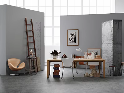 Modern Office Interior Design With Large Windows Orange Chair Wooden Desk And Potted Plant 3d model