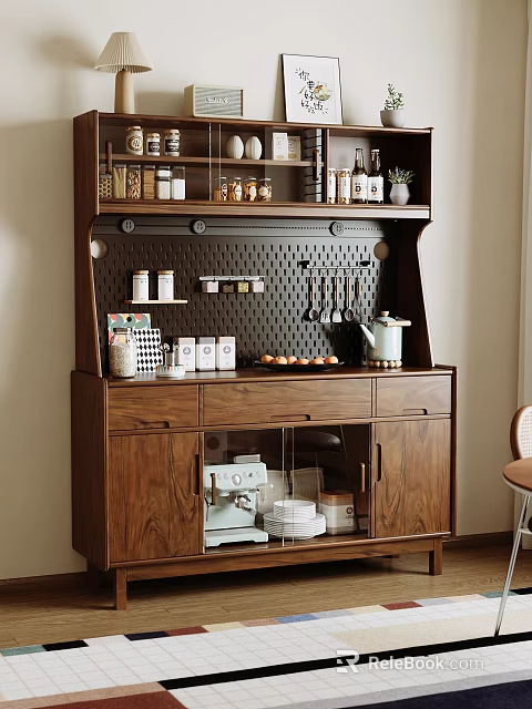 Wooden Sideboard With Open Shelves Perforated Back Panel Hanging Utensils Drawers And Glass Doors 3d model 