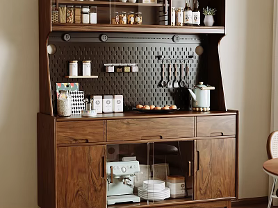 Wooden Sideboard With Open Shelves Perforated Back Panel Hanging Utensils Drawers And Glass Doors 3d model