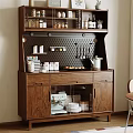 Wooden Sideboard With Open Shelves Perforated Back Panel Hanging Utensils Drawers And Glass Doors