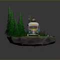 Vintage Blue And White Bus With Person On Roof Among Pine Trees And Camping Setup
