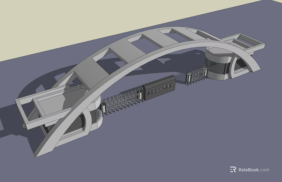 Modern Arch Entrance Gate Structural Design With Side Pillars And Metal Railings 3d model 