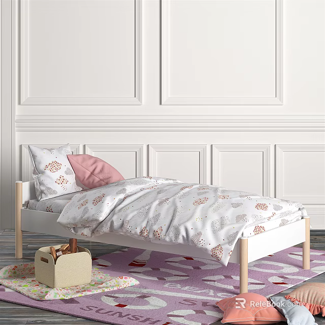 Light Wood Kids Bed with White Floral Bedspread Pink Pillow and Purple Floral Rug 3d model 