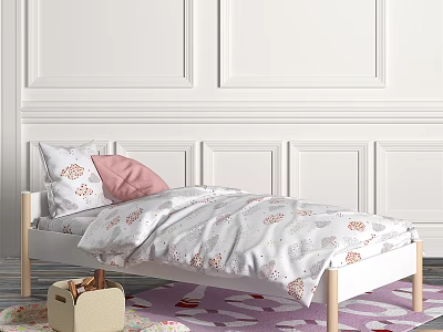 Light Wood Kids Bed with White Floral Bedspread Pink Pillow and Purple Floral Rug 3d model