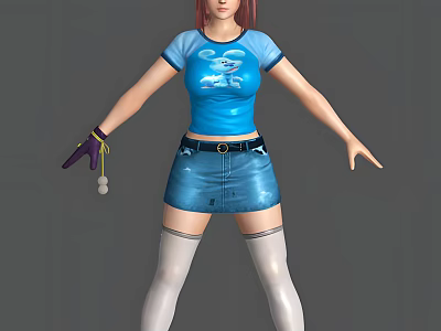 Game Movie Character With Red Hair Blue T Shirt Design Denim Skirt Knee High Socks 3d model