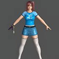 Game Movie Character With Red Hair Blue T Shirt Design Denim Skirt Knee High Socks