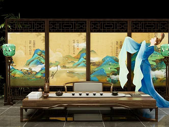 New Chinese Style Beautiful Chen New Chinese Style Screen Beautiful Chen New Chinese Style Ancient Style Tea Table and Chair Chinese Style Screen Partition Chinese Style Art Desk Chinese Style Beautiful Chen Background Layout 3d model