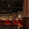 Stylish Bar Interior With Wooden Decor Red Curtains High Stools Armchairs And Pendant Lights